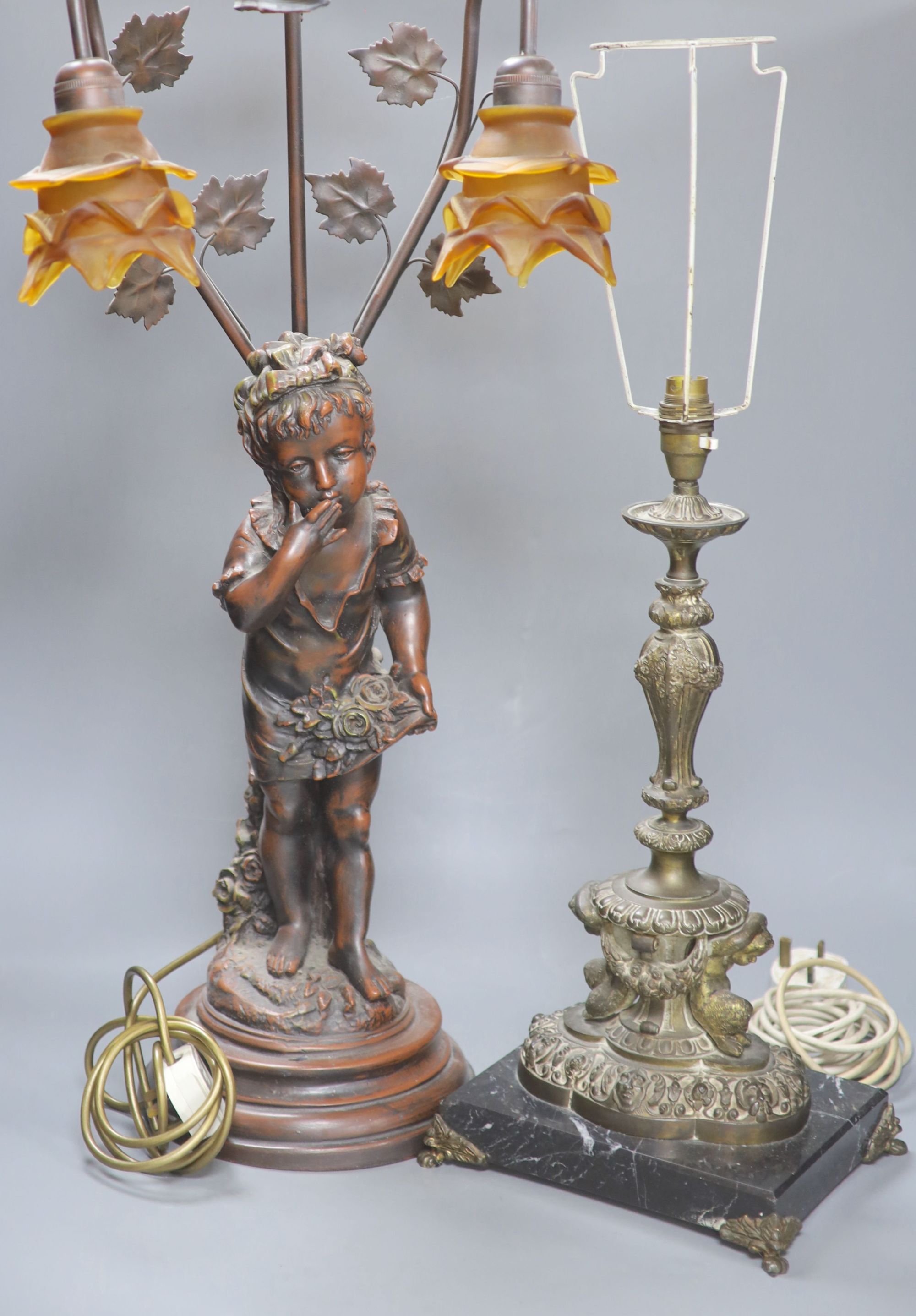 A bronzed resin three-branch table lamp and one other lamp, tallest overall 82cm